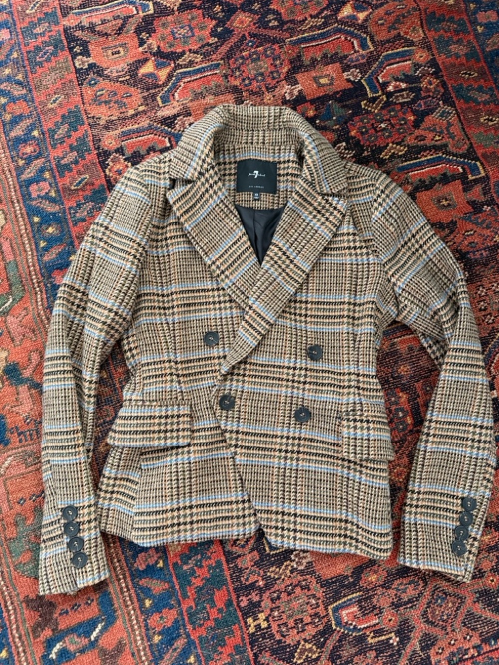 7 For All Mankind Brown & Black Plaid Double-Breasted Blazer